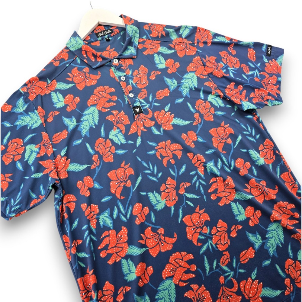 Bad Birdie Mens Golf Polo Shirt 2XL Blue Floral Performance Stretch Short Sleeve